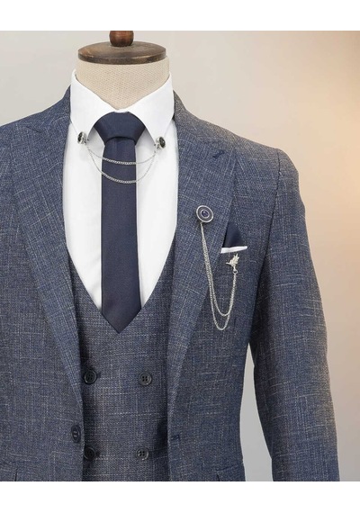 Beystil Sivri Yaka Lacivert Kırçıllı Takım Elbise Storm - Slim Fit Lacivert