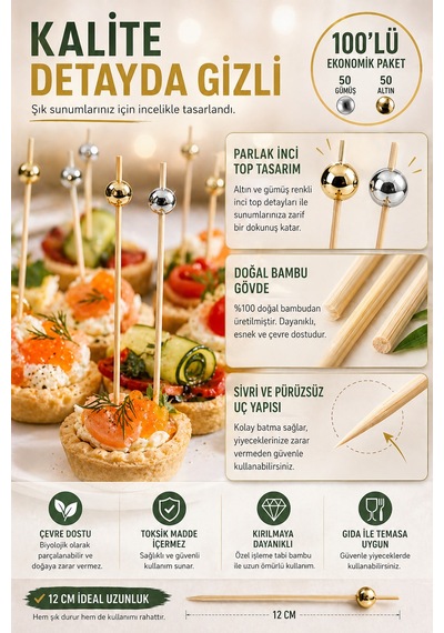 100 Lü Set İnci Top Kürdan Altın Gümüş 12cm Bambu Kokteyl Sunum Kürdanı Parti Catering