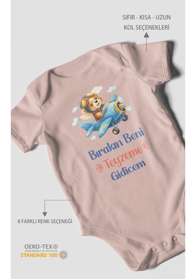 Morivokids Bırakın Beni Teyzeme Gideceğim Kısa Kollu Bebek Body %100 Pamuk Pastel Pembe