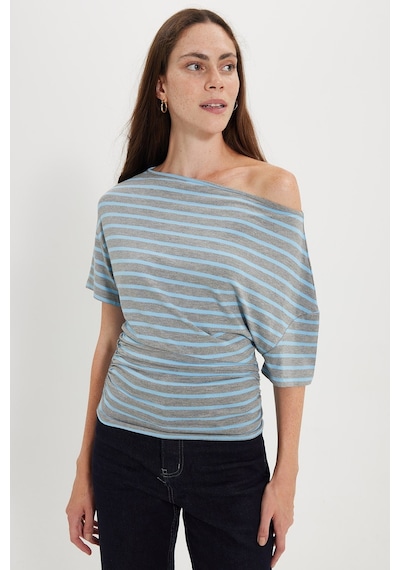 Tudors Kadın Regular Fit Klasik Kesim Asimetrik Yaka Yarasa Kol Çizgili Likralı Mavi Viskon Crop Bluz-52830