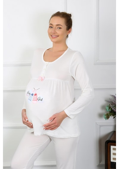 Akbeniz Kadın Uzun Kol Hamile Lohusa Pijama Takımı Ekru 45501-ekru