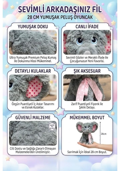 Peluş Sevimli Fil Mavi 50 Cm Sevimli Konforlu: Peluş Uyku Yastığı Sarılma Arkadaşı Dekoratif Oyuncak Çok Renkli