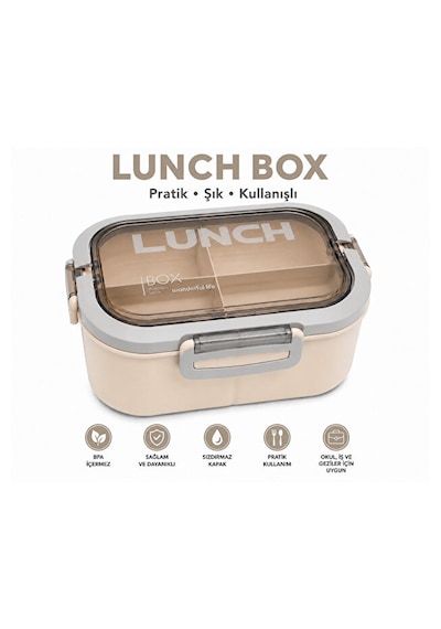 Bölmeli Lunch Box Sızdırmaz Kapaklı, Çatal Kaşık Bıçaklı Pratik Yemek Saklama Kabı Beslenme Kabı Krem