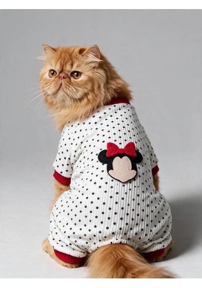 Polka Dot Rouge Minny Kedi Tulumu Siyah Beyaz Puantiyeli Penye Kedi Pijaması