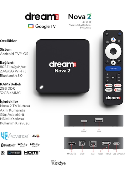 Nova 2 4k Lisanslı Android Ve Uydu Alıcısı Tuner Dönüştürücü Hediyesiyle Android 14 4k Stick Tuner + Tkgs Ayarlı
