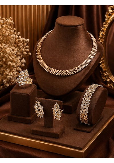Luxelle Altın Kaplama Zirkon 4'lü Kolye Bileklik Küpe Yüzük Özel Tasarım Takı Seti Luxury