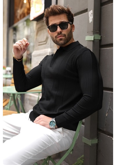 Madmext Siyah Polo Yaka Slim Fit Erkek Triko Kazak E7527