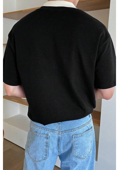 Erkek Kolej Yaka Tişört Kontrast Detaylı Casual Regular Polo Yaka T-shirt Siyah