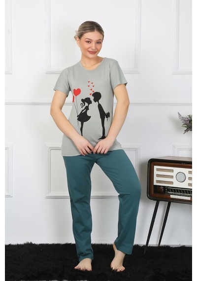 Akbeniz Kadın Kısa Kol Penye Pijama Takımı 4210-su Yeşili Su Yeşili