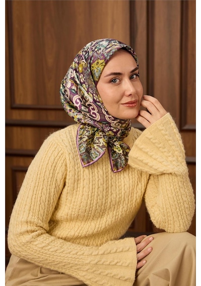 Silk Home Twill İpek Eşarp Mürdüm-butter Yellow Desenli Tok Duruşlu 90x90 Çok Renkli