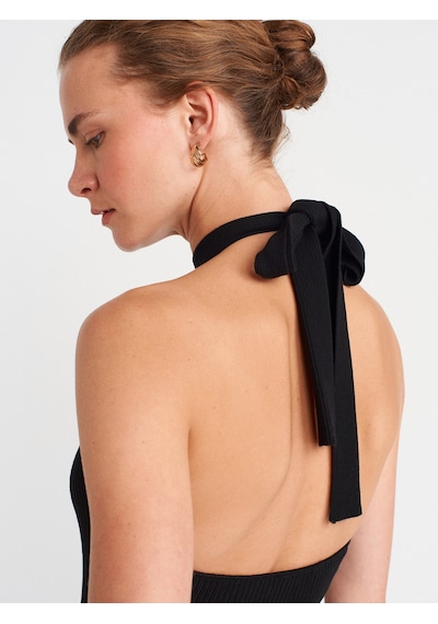 Dilvin 10798 Halter Bağlamalı Yaka Fitilli Triko Bluz-siyah Siyah