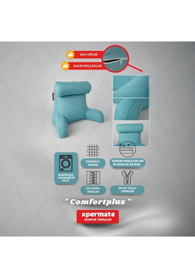 Xpermate TV Yastığı Kollu Okuma Yastığı Sırt Destek Yastığı Yatakta Oturma Kitap Okuma Yastığı Mavi