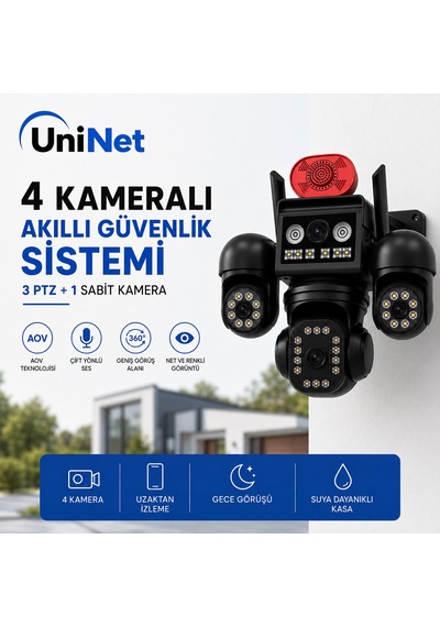 Uninet Aov Teknolojili 4g Solar Güvenlik Kamerası Düşük Güç Tüketimi, Kesintisiz Izleme Ve Anlık Kayıt 4 Kameralı 3 Kamerası Dönebilen Ptz + 1 Sabit Lens, Gece Görüşü Ve Siren