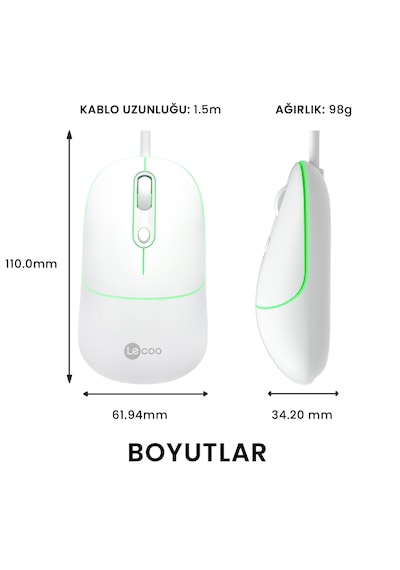 Lecoo MS110 USB Kablolu RGB 2400DPI 4 Tuşlu Sessiz Click Optik Mouse