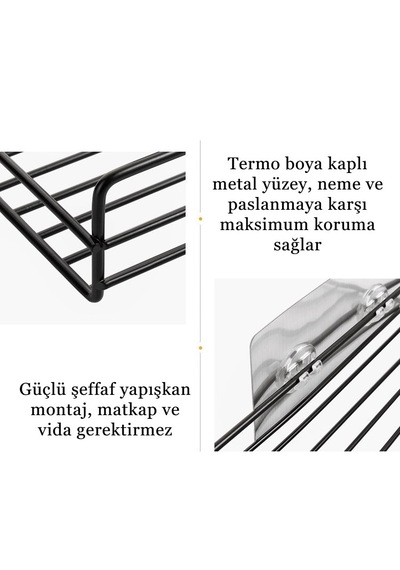 Tekli Geniş Banyo Rafı L Tasarım Banyo Düzenleyici Yapışkanlı Çok Amaçlı Köşe Rafı Organizatör Siyah