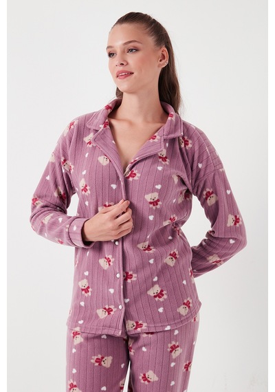 Lela Standart Fit Düğmeli Polarlı Bayan Pijama Takımı 6095615 Lila