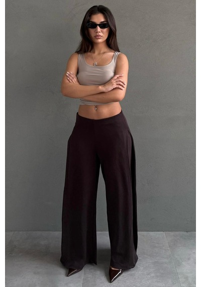Madmext Kahverengi Dökümlü Cepli Krep Kumaş Wide Leg Pantolon Mg2668 Kahverengi