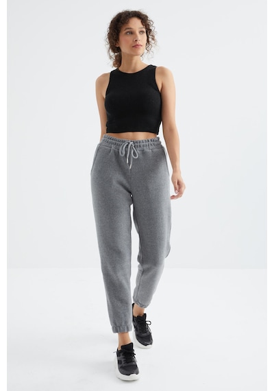 Gri Melanj Yüksek Bel Basic Bağcıklı Jogger Polar Kadın Eşofman Alt - 94622 GRİ MELANJ