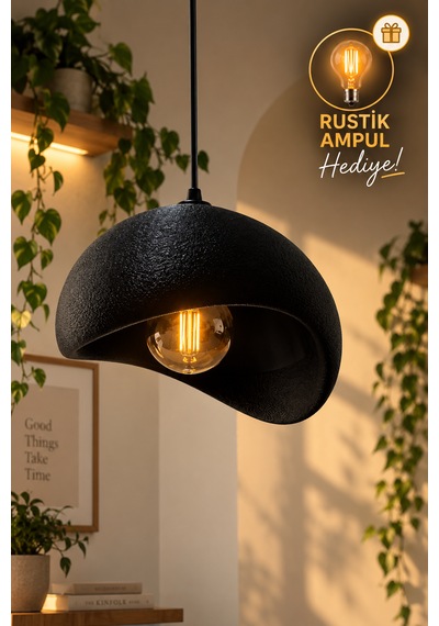 Beton Görünümlü Tekli Sarkıt Avize Dokulu Modern Bohem İskandinav Salon Mutfak G95 Rustik Led Ampul Hediyeli Siyah