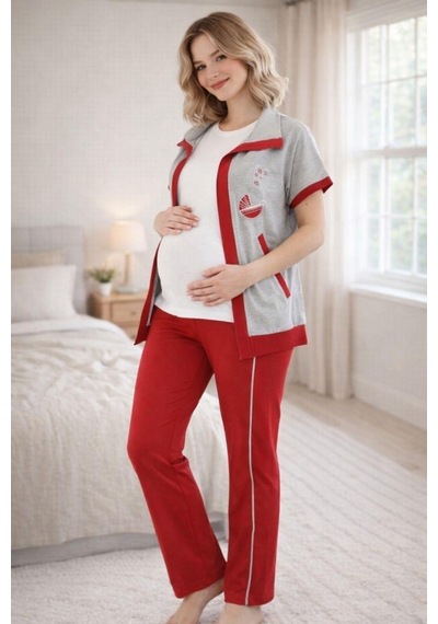 Mecit Pijama Mecit 6352 Kırmızı Bayan Yelekli Hamile Lohusa Pijama Takımı