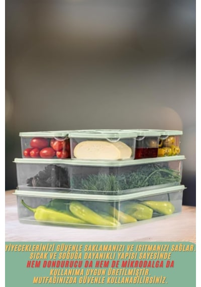 8'li Buzdolabı Düzenleyici Organizeri Mikrodalgaya Uygun Difriz Saklama Kabı 2x3500ml 6x775ml Mint