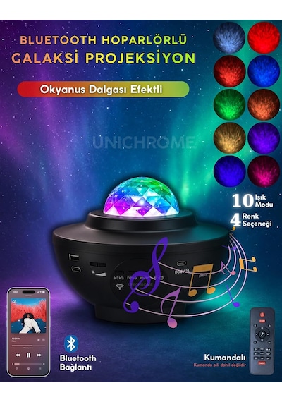 Yıldızlı Projektör Tavan Bulutsu Galaxy Lazer Işıklı Disko Topu Bluetooth Hoparlör Parti Led Lambası Çok Renkli