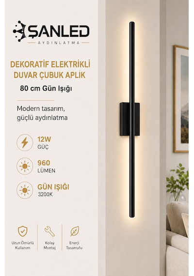 Dekoratif 12w İç Mekan Siyah Kasa Gün Işığı 80 Cm Duvar Aplik Elektrikli 1 Adet