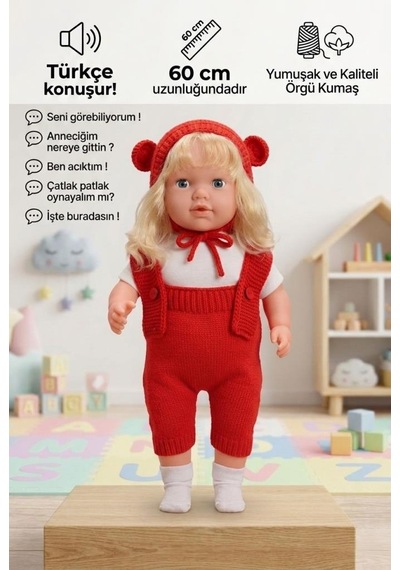Konuşan Bebeğim 60 Cm Türkçe Konuşan Örgü Tulum Ve Şapkalı Kafası Bacakları Kolları Et Oyuncak Bebek 38675723