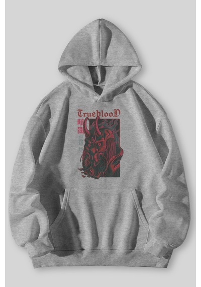 Harmandar True Blood Baskılı Unisex Siyah Gri Kanguru Cepli Kapüşonlu Sweatshirt Hoodie Gri