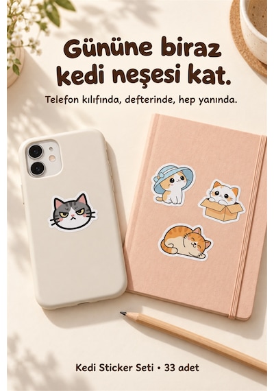 Kedi Sticker Seti 33 Adet Sevimli Kedi Çıkartmaları Defter, Laptop, Ajanda Çok Renkli