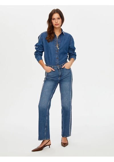 Faik Sönmez Kontrast Bant Detaylı Wide Leg Fıt Kadın Jean Pantolon W26jpn004 İndigo