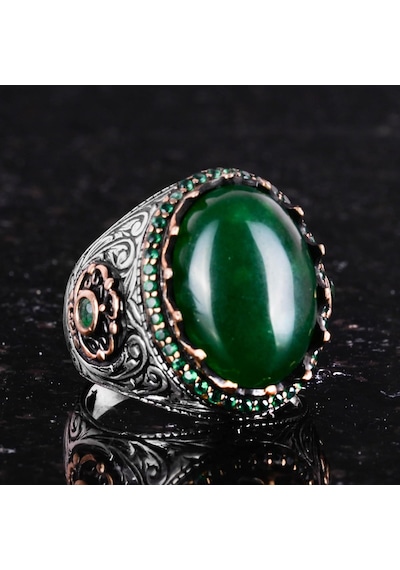 Gerçek Doğal Taş Yüzük - 925 Ayar Gümüş El Yapımı Yüzük Jade Gümüş