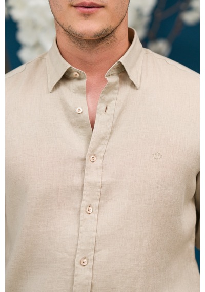 Paul Martin Regular Fit Gizli Düğmeli Yaka %100 Linen Ham Keten Gömlek Krem