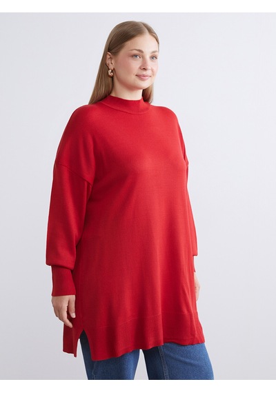 Lcw Modest Kırmızı Dik Yaka Kadın Triko Tunik