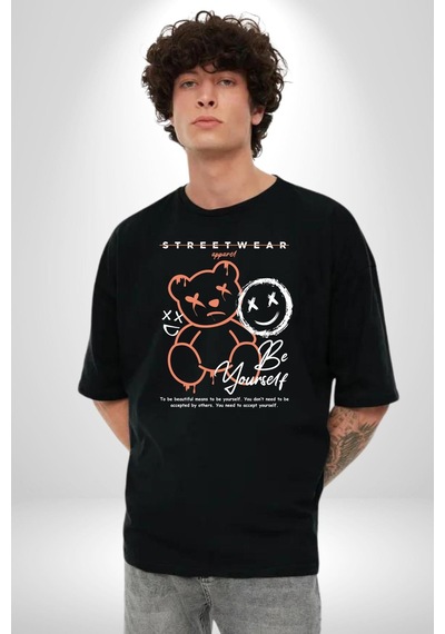 Yükseliş İçin Kendin Ol Pamuklu Bisiklet Yaka Unisex Oversize Boyfriend Dijital Baskılı Siyah T-shirt Siyah