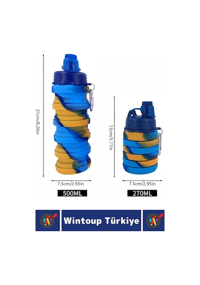 Wintoup Premium Portatif Bpa Free Şık Kamp Spor Seyahat Silikon Katlanabilir Suluk 500 Ml Çok Renkli