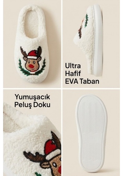 Unisex Hafif Ve Yumuşak Peluş Kaymaz Taban Anne Çocuk Misafir Noel Yılbaşı Temalı Ekru Ev Terliğ... Unisex Hafif Ve Yumuşak Peluş Kaymaz Taban Anne Çocuk Misafir Noel Yılbaşı Temalı Ekru Ev Terliğ...