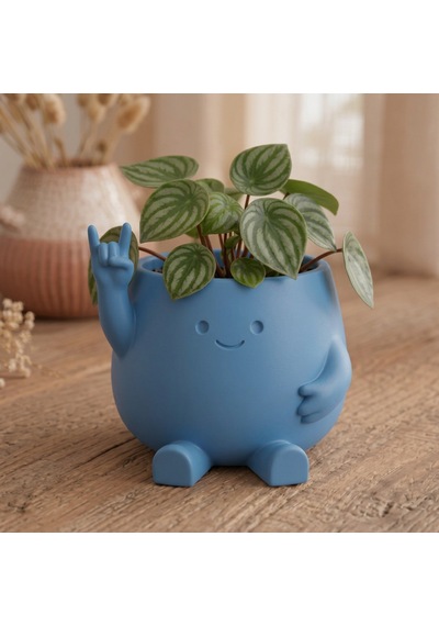 3d Baskı Smiley Face Planter - Gülümseyen Karakterli Saksı-mavi