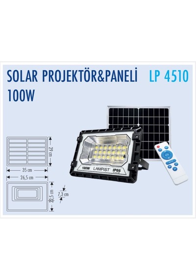 Lampist 100w Solar Led Projektör Güneş Enerjili Uzaktan Kumandalı Su Geçirmez Dış Mekan Sokak Ve Bahçe Aydınlatması