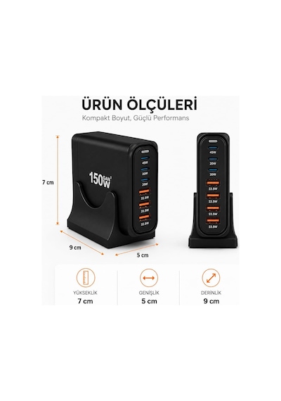 150w Gan Hızlı Şarj İstasyonu, 6 Portlu Masaüstü Şarj Aleti, 3 Usb-c Type-c Ve 3 Usb-a Girişli Çoklu Adaptör, Telefon Tablet Laptop İçin Akıllı Güç Dağıtımlı Şarj Cihazı