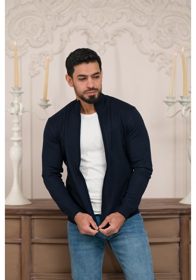Woolen World Regular Fit Dik Yaka İnce Baharlık Triko Hırka Lacivert
