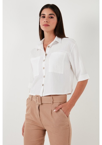 Lela Regular Fit Çift Cepli Kısa Kollu Bayan Gömlek 5865644 Ekru