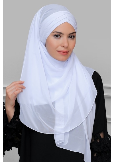 Hürrem Bone Beyaz Arkadan Bağlamalı Şal Şifon Çapraz Üç Bantlı 1457_42