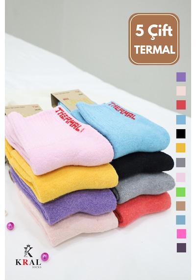 Kral Socks Kadın Çorap 5 Çift Renkli Termal Havlu Kışlık Çorap Isı Emici ASORTİ