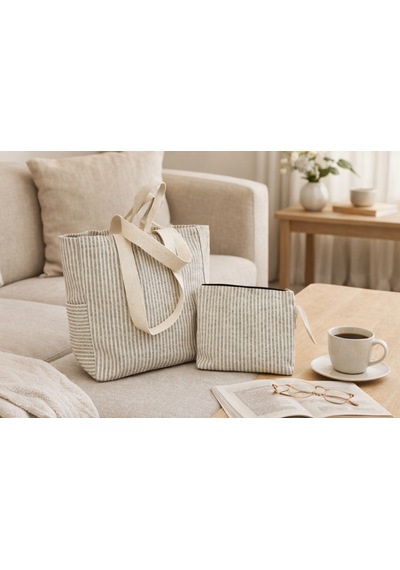 Faralya Life Çizgili Çanta 50x42 Cm Ve Makyaj Çantası Seti 26 21cm Bez Çanta Kombin Set Siyah