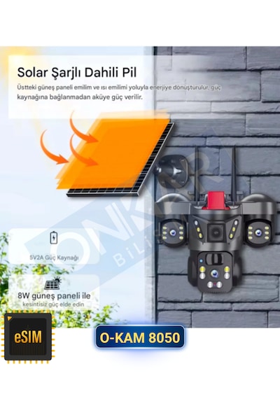 O-kam 8050 9mp Lens 3 Kamera 4g Esim Destekli Solar Güneş Enerjili Akıllı Güvenlik Kamerası
