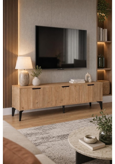 Sulorahome Bej Sepet Desenli Suntalam Tv Sehpası 160x35 Cm Açık Ceviz