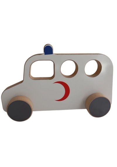 Ahşap Oyuncak Araba Ambulans Beyaz
