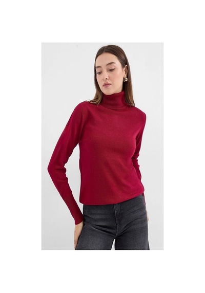Onno Style Women Düz Balıkcı Yaka Basic Kazak Bordo