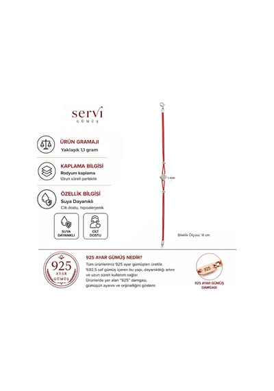 Servi 925 Ayar Gümüş Zirkon Taşlı Kırmızı İpli Baklava Figürlü Şans Bilekliği-414